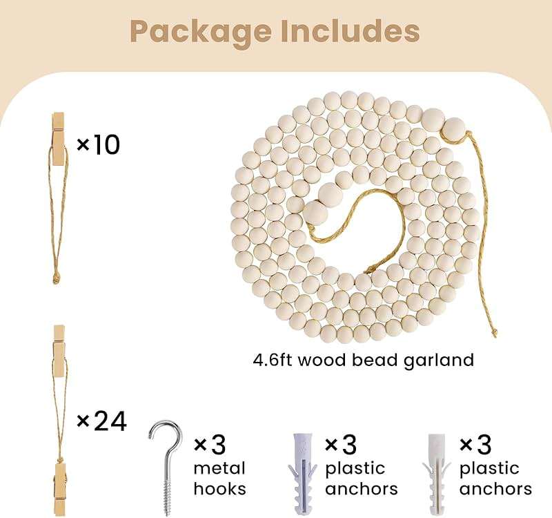 KLOGTSIND Kids Art Display Wall Decor, Wooden Beads Garland Frame Holder with 34 Clips for kids artwork, Photo, Wall Hanging Boho Room Bedroom Decor - Image 4