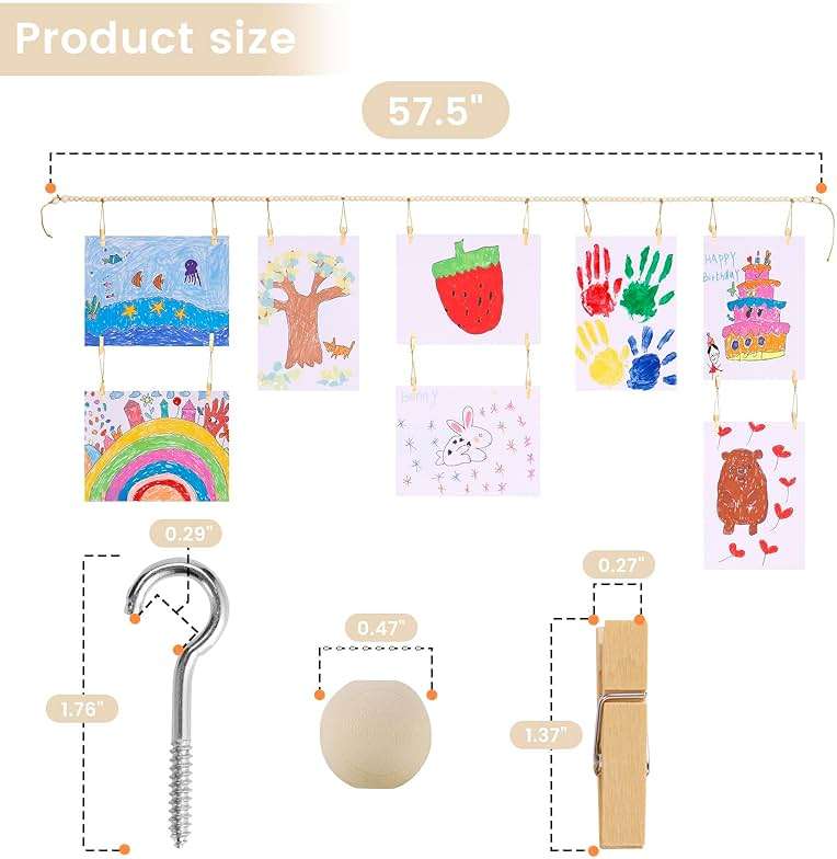 KLOGTSIND Kids Art Display Wall Decor, Wooden Beads Garland Frame Holder with 34 Clips for kids artwork, Photo, Wall Hanging Boho Room Bedroom Decor - Image 5