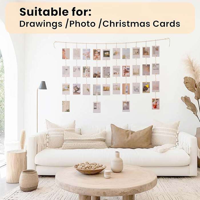 KLOGTSIND Kids Art Display Wall Decor, Wooden Beads Garland Frame Holder with 34 Clips for kids artwork, Photo, Wall Hanging Boho Room Bedroom Decor - Image 6