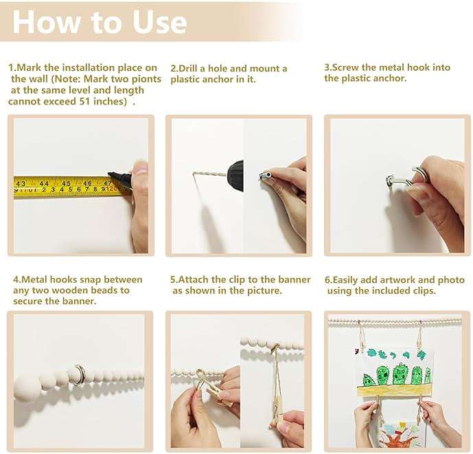 KLOGTSIND Kids Art Display Wall Decor, Wooden Beads Garland Frame Holder with 34 Clips for kids artwork, Photo, Wall Hanging Boho Room Bedroom Decor - Image 7