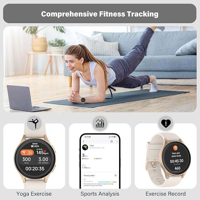 kececo Smartwatch, Built-in Alexa, GPS, VO2 Max, HRV, Blood Oxygen, Sleep Monitoring, Women's Health, Custom Reminders, Sports Tracking, 1.32" AMOLED, Compass, Altimeter (Bluetooth, Gold, 43mm) - Image 3