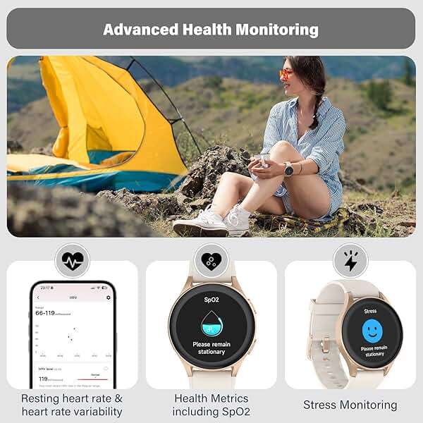 kececo Smartwatch, Built-in Alexa, GPS, VO2 Max, HRV, Blood Oxygen, Sleep Monitoring, Women's Health, Custom Reminders, Sports Tracking, 1.32" AMOLED, Compass, Altimeter (Bluetooth, Gold, 43mm) - Image 4