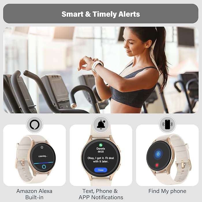 kececo Smartwatch, Built-in Alexa, GPS, VO2 Max, HRV, Blood Oxygen, Sleep Monitoring, Women's Health, Custom Reminders, Sports Tracking, 1.32" AMOLED, Compass, Altimeter (Bluetooth, Gold, 43mm) - Image 6
