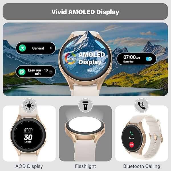 kececo Smartwatch, Built-in Alexa, GPS, VO2 Max, HRV, Blood Oxygen, Sleep Monitoring, Women's Health, Custom Reminders, Sports Tracking, 1.32" AMOLED, Compass, Altimeter (Bluetooth, Gold, 43mm) - Image 7