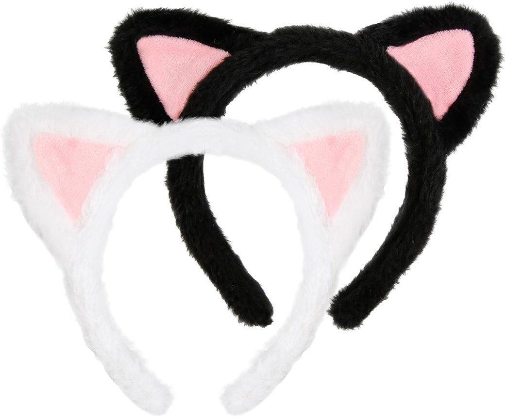 Huachi 2 Packs Cute Cat Ears Headband Spa Headbands for Washing Face Makeup Skincare Halloween Costume, Soft Push Black Cats Animal Head Bands Hair Accessories for Women Teen Girls (Black & White) - Product Image