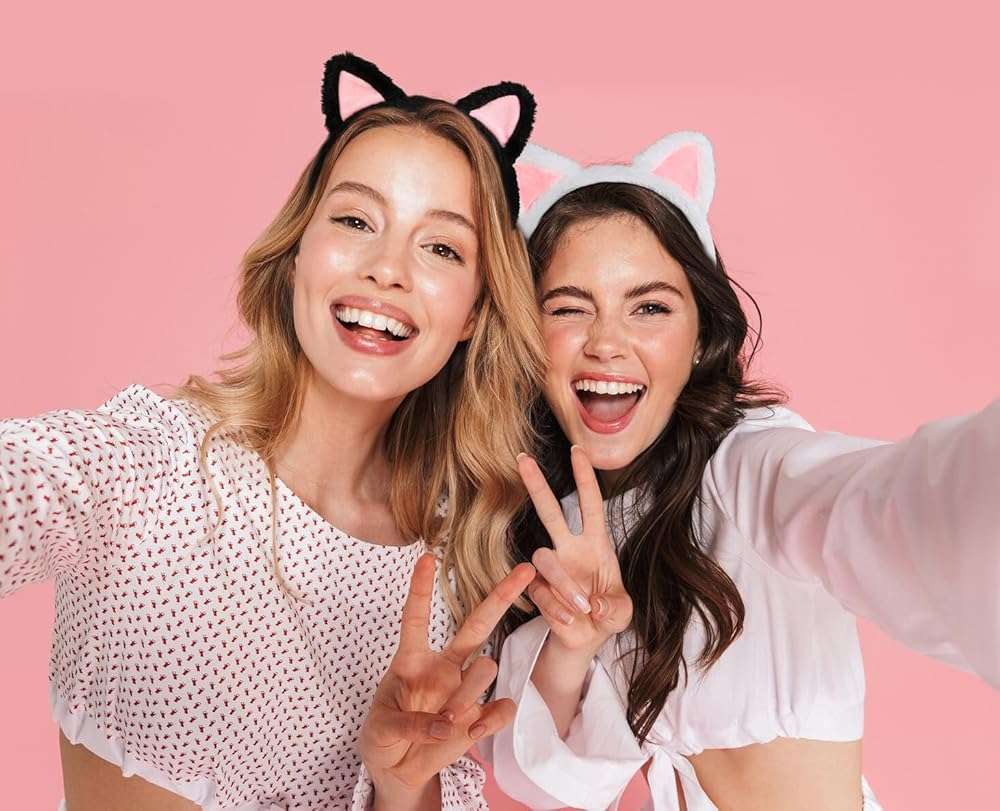 Huachi 2 Packs Cute Cat Ears Headband Spa Headbands for Washing Face Makeup Skincare Halloween Costume, Soft Push Black Cats Animal Head Bands Hair Accessories for Women Teen Girls (Black & White) - Image 6