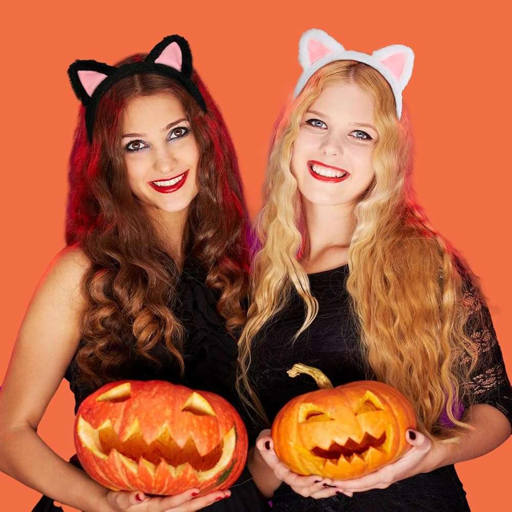 Huachi 2 Packs Cute Cat Ears Headband Spa Headbands for Washing Face Makeup Skincare Halloween Costume, Soft Push Black Cats Animal Head Bands Hair Accessories for Women Teen Girls (Black & White) - Image 7
