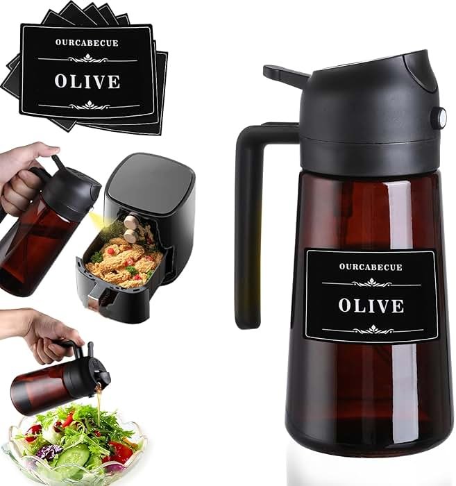 OURCABECUE 2 in 1 Olive Oil Sprayer for Cooking, 16oz/470ml Light-Blocking Dark Olive Oil Dispenser Bottle for Kitchen, Food-Grade Glass Oil Mister with 8 Oil Stickers - Product Image