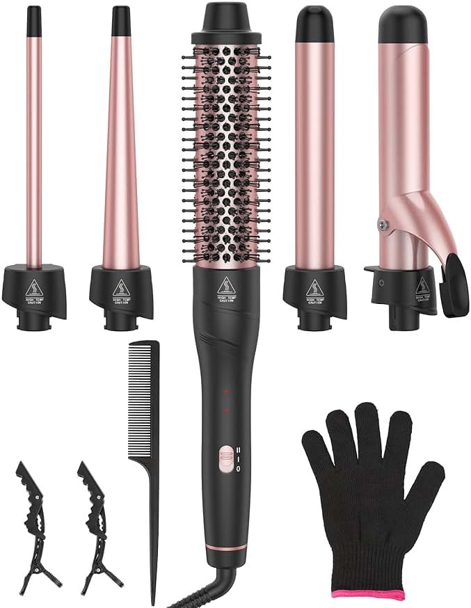 ANIEKIN 5 in 1 Curling Iron Set, Fast Heat Up Curling Wand from 3/8 to 1 1/4 Inch and a Thermal Brush Come with, Dual Voltage Hair Curler for Women All Hair Types and Travel Use, Gifts for Women - Product Image