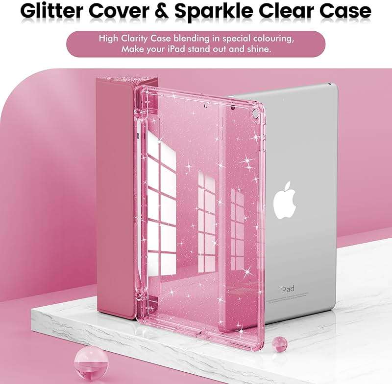 INFILAND for iPad 9th/8th/7th Generation Case 2021/2020/2019 10.2 inch, Glitter Slim Protective Cover with Clear Back, Pencil Holder for Kids Girls for iPad 7/8/9 Gen, Pink - Image 3