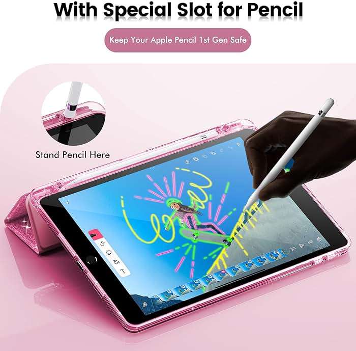 INFILAND for iPad 9th/8th/7th Generation Case 2021/2020/2019 10.2 inch, Glitter Slim Protective Cover with Clear Back, Pencil Holder for Kids Girls for iPad 7/8/9 Gen, Pink - Image 5