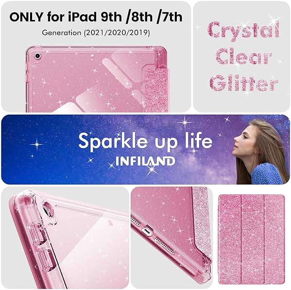 INFILAND for iPad 9th/8th/7th Generation Case 2021/2020/2019 10.2 inch, Glitter Slim Protective Cover with Clear Back, Pencil Holder for Kids Girls for iPad 7/8/9 Gen, Pink - Image 7