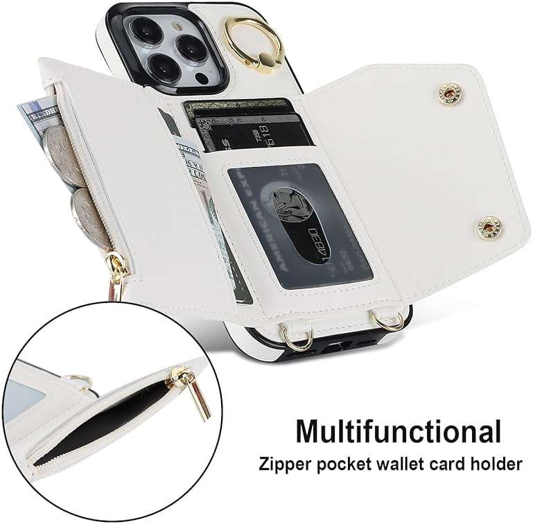 LUVI Compatible with iPhone 16 Pro Wallet Case with Card Holder Crossbody Neck Strap Lanyard Wrist Strap Purse for Women PU Leather Flip with Credit Card Kickstands Stand Cover White - Image 4