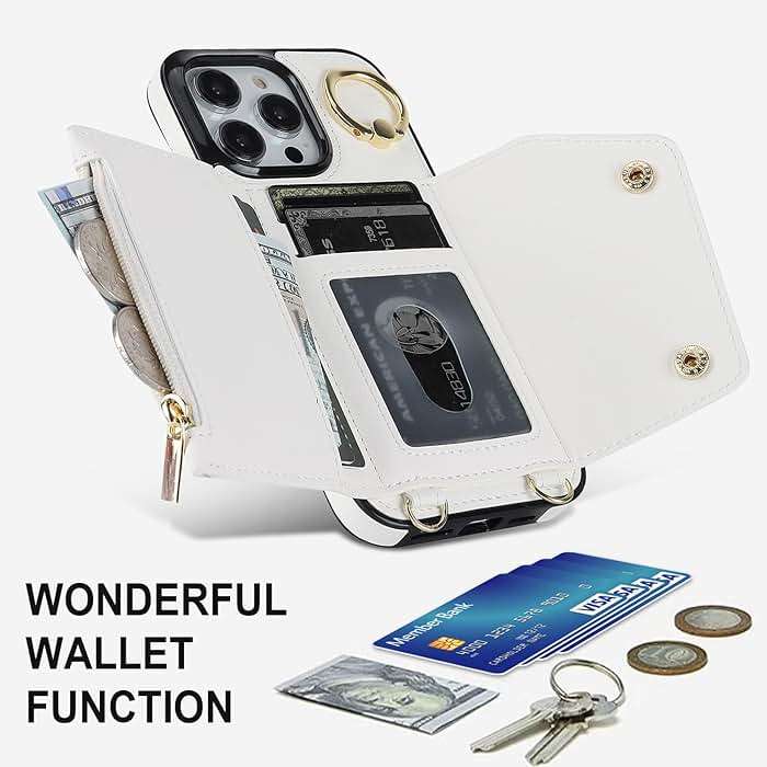 LUVI Compatible with iPhone 16 Pro Wallet Case with Card Holder Crossbody Neck Strap Lanyard Wrist Strap Purse for Women PU Leather Flip with Credit Card Kickstands Stand Cover White - Image 5