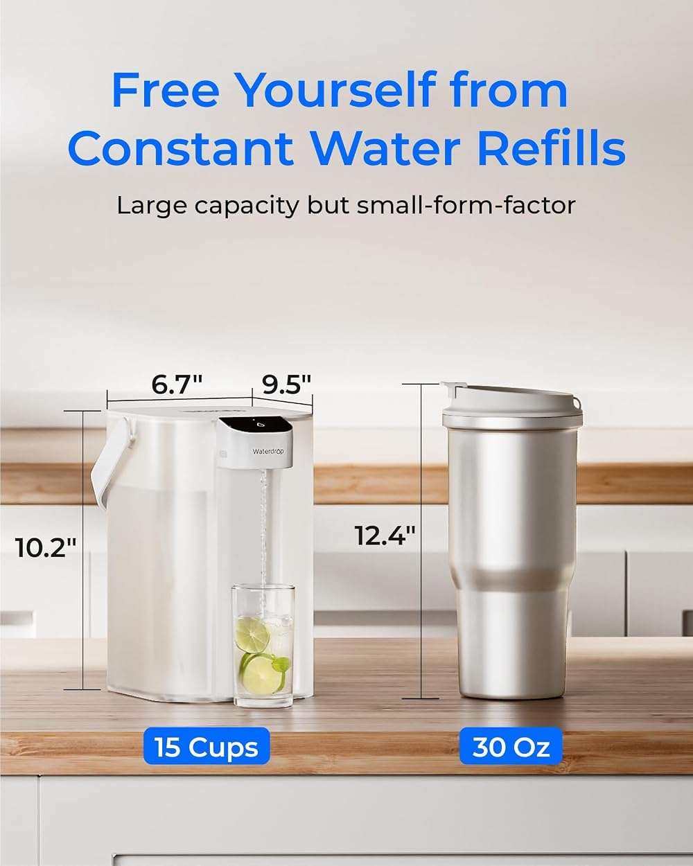 Waterdrop ED01W Electric Water Filter Pitcher, Reduce 99.6% of Lead and 45+ Impurities, 15-Cup 200-Gallon Capacity, Rechargeable Instant Dispenser, NSF/ANSI 42&53&401&372, Does not Lower TDS, White - Image 7