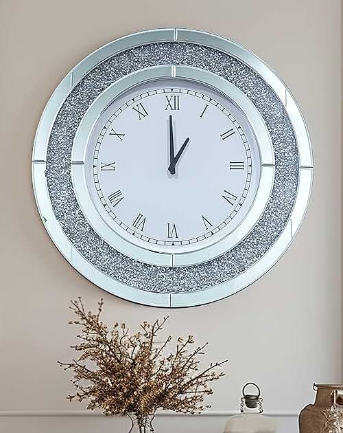 Artloge Crushed Diamond Wall Clock Round Decorative Mirrored Clock 32 inch Silver - Product Image