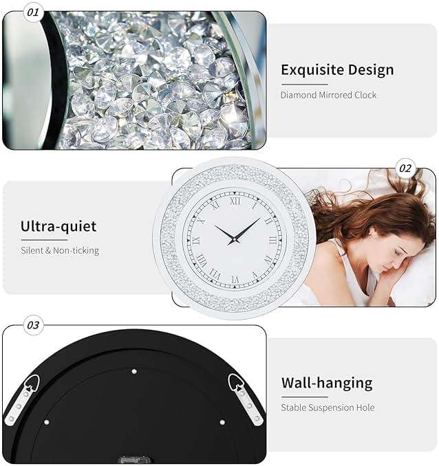 Artloge Crushed Diamond Wall Clock Round Decorative Mirrored Clock 32 inch Silver - Image 3