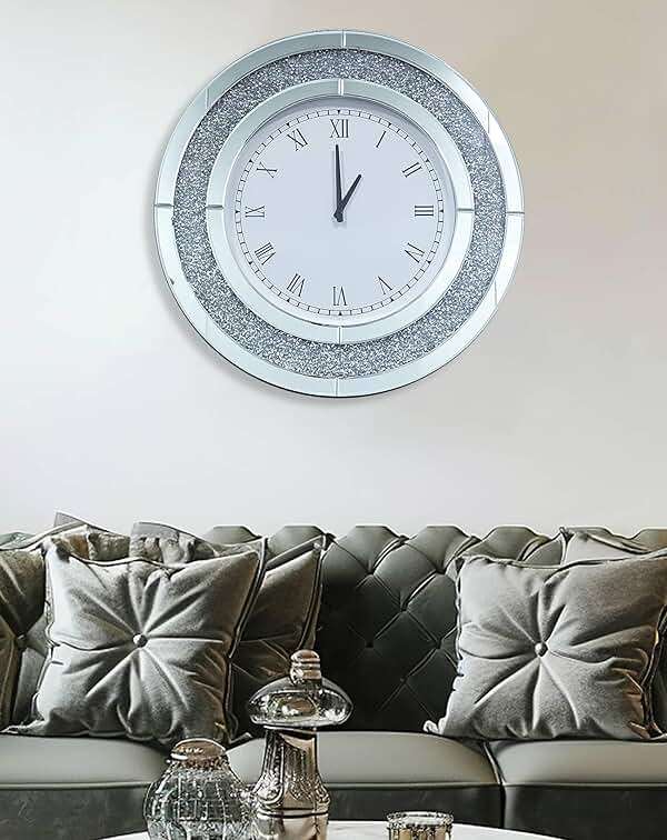 Artloge Crushed Diamond Wall Clock Round Decorative Mirrored Clock 32 inch Silver - Image 4