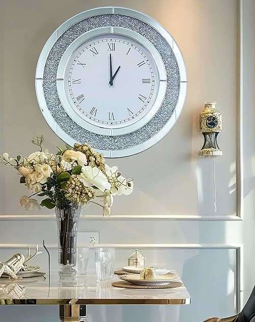 Artloge Crushed Diamond Wall Clock Round Decorative Mirrored Clock 32 inch Silver - Image 5