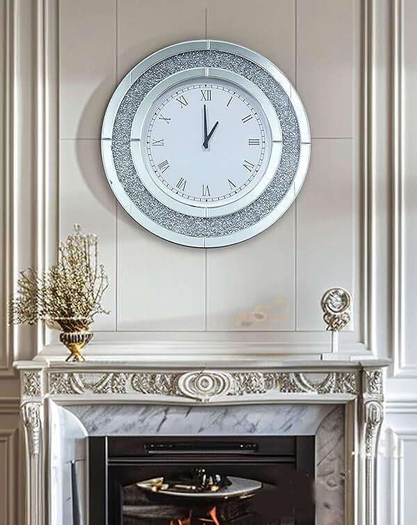 Artloge Crushed Diamond Wall Clock Round Decorative Mirrored Clock 32 inch Silver - Image 7