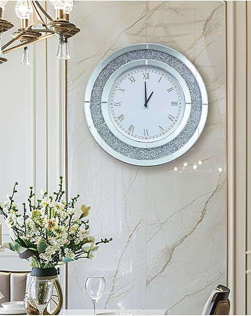 Artloge Crushed Diamond Wall Clock Round Decorative Mirrored Clock 32 inch Silver - Image 8