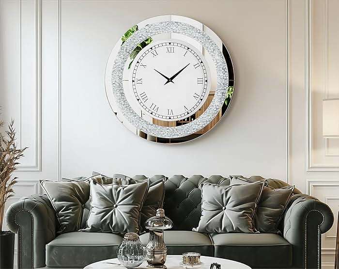 Artloge Crushed Diamond Wall Clock Round Decorative Mirrored Clock 32 inch Silver - Image 9