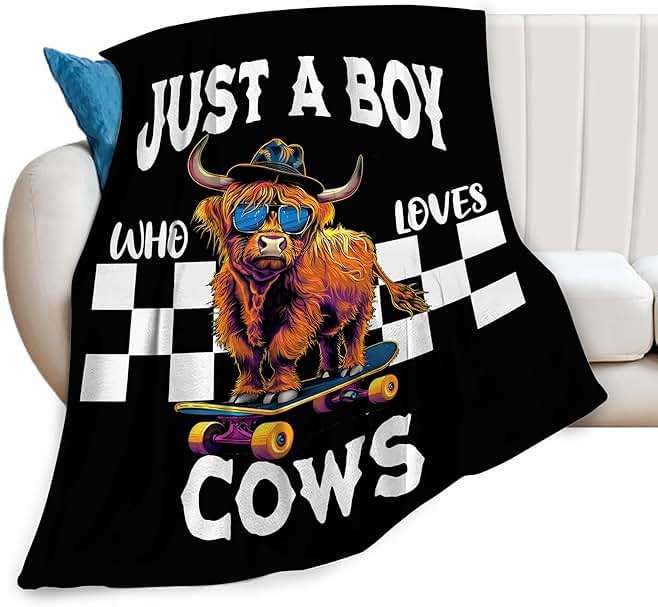 Just A Boy Who Love Cows Blanket Funny Highland Cows Decor Throw Blanket Gifts for Girls Boys Super Warm Soft Plush Fleece Flannel Cattle Blanket Couch Bedding Blanket for Adults Kids Women 50"X40" - Product Image