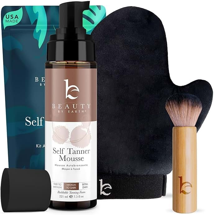 Self Tanner Tanning Mousse Kit - USA Made with Natural & Organic Ingredients, Tan Kit with Kabuki Brush & Mitt, Tanning Foam for Fake Tan, Non Toxic Sunless Tanner, Self Tanners Best Sellers - Product Image