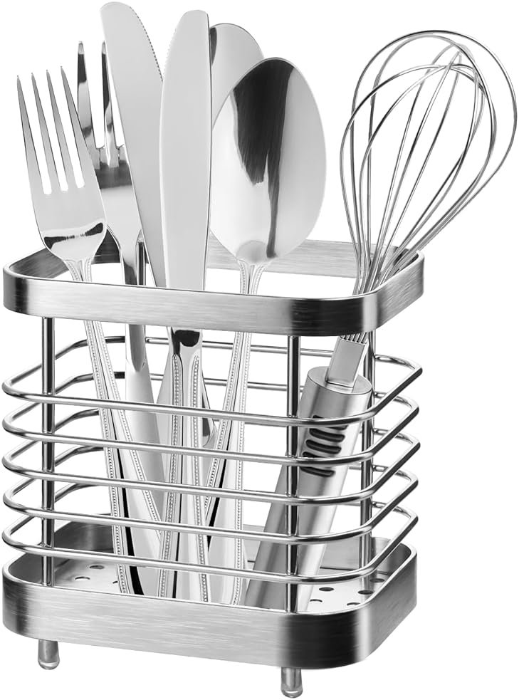 IWNTWY Utensil Holder, Stainless Steel Utensil Drying Rack for Kitchen Counter, Silverware Cutlery Flatware Holder Forks, Knives, Spoons, Chopsticks Organizer (Silver) - Product Image