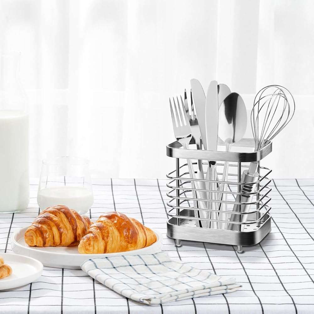 IWNTWY Utensil Holder, Stainless Steel Utensil Drying Rack for Kitchen Counter, Silverware Cutlery Flatware Holder Forks, Knives, Spoons, Chopsticks Organizer (Silver) - Image 7