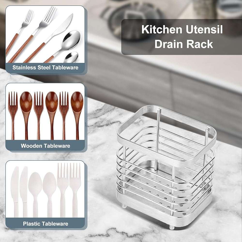 IWNTWY Utensil Holder, Stainless Steel Utensil Drying Rack for Kitchen Counter, Silverware Cutlery Flatware Holder Forks, Knives, Spoons, Chopsticks Organizer (Silver) - Image 8