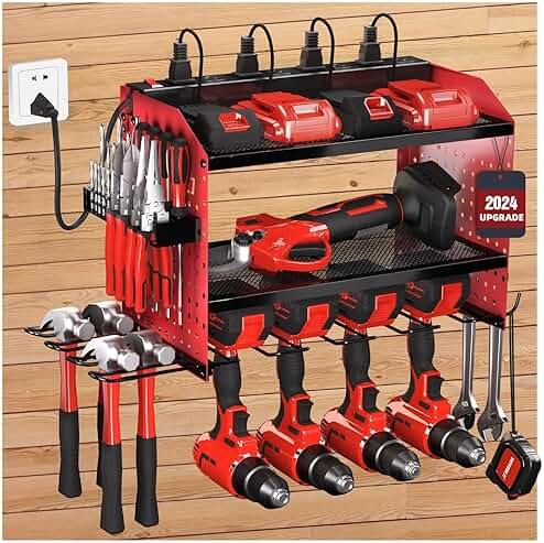 Power Tool Organizer with Charging Station, Heavy Duty Modular Wall Mount Rack for Garage & Shed Organization, 4 Drill Holders, Fathers Day Anniversary Birthday Gifts for Men Dad Him Husband(Red) - Product Image