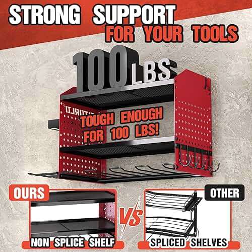 Power Tool Organizer with Charging Station, Heavy Duty Modular Wall Mount Rack for Garage & Shed Organization, 4 Drill Holders, Fathers Day Anniversary Birthday Gifts for Men Dad Him Husband(Red) - Image 3