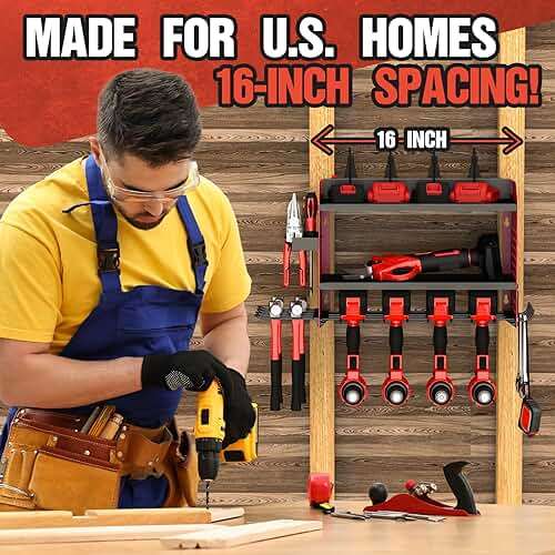 Power Tool Organizer with Charging Station, Heavy Duty Modular Wall Mount Rack for Garage & Shed Organization, 4 Drill Holders, Fathers Day Anniversary Birthday Gifts for Men Dad Him Husband(Red) - Image 5