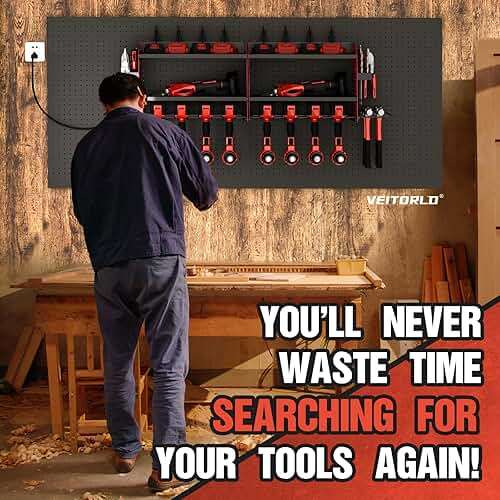 Power Tool Organizer with Charging Station, Heavy Duty Modular Wall Mount Rack for Garage & Shed Organization, 4 Drill Holders, Fathers Day Anniversary Birthday Gifts for Men Dad Him Husband(Red) - Image 7