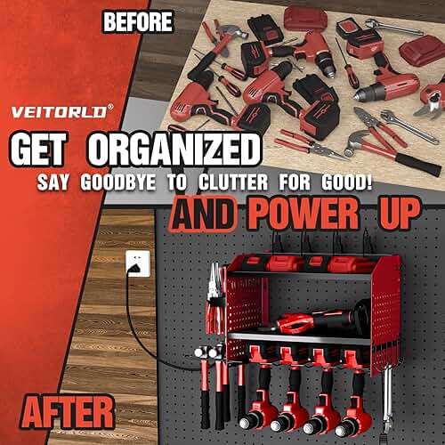 Power Tool Organizer with Charging Station, Heavy Duty Modular Wall Mount Rack for Garage & Shed Organization, 4 Drill Holders, Fathers Day Anniversary Birthday Gifts for Men Dad Him Husband(Red) - Image 9