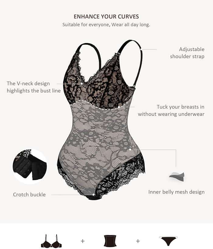 FeelinGirl Shapewear Bodysuits for Women Lace Shapewear Tummy Control V-Neck Sleeveless Bodysuit Tops Jumpsuit - Image 3