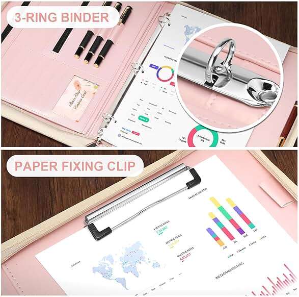 Padfolio Portfolio Organizer Binder with Zipper and Hidden Handle, PU Leather Portfolio Folder for Documents, Business Card Holder, Notepad Padfolio for Men&Women (Rose Gold) - Image 4