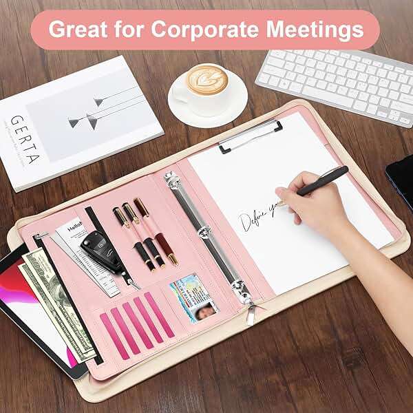 Padfolio Portfolio Organizer Binder with Zipper and Hidden Handle, PU Leather Portfolio Folder for Documents, Business Card Holder, Notepad Padfolio for Men&Women (Rose Gold) - Image 5