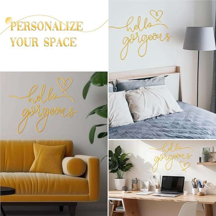 Hicarer Metal Hello Gorgeous Wall Art Minimalist Decor for Bedroom Bathroom Living Room Dressing Room Salon Office Home Decorations Easy to Install Wall Decor(Gold,Classic Style) - Image 3
