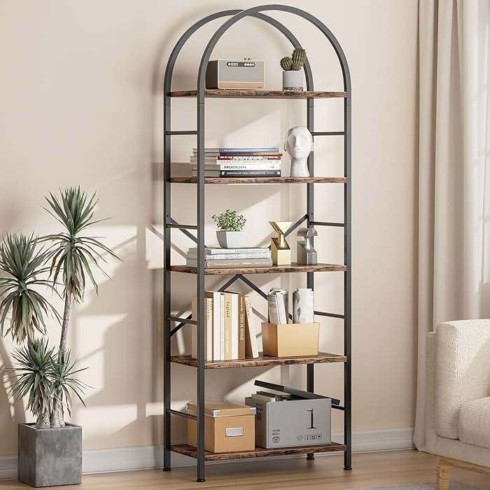 Shintenchi Bookshelf, Arched Bookshelf 5 Tier Bookcase, Tall Shelf for CDs/Books, Home Office Shelf Storage Organizer, Modern Book Shelf for Bedroom/Living Room, Rustic Brown - Image 1