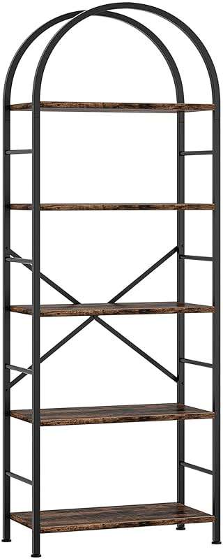 Shintenchi Bookshelf, Arched Bookshelf 5 Tier Bookcase, Tall Shelf for CDs/Books, Home Office Shelf Storage Organizer, Modern Book Shelf for Bedroom/Living Room, Rustic Brown - Image 8