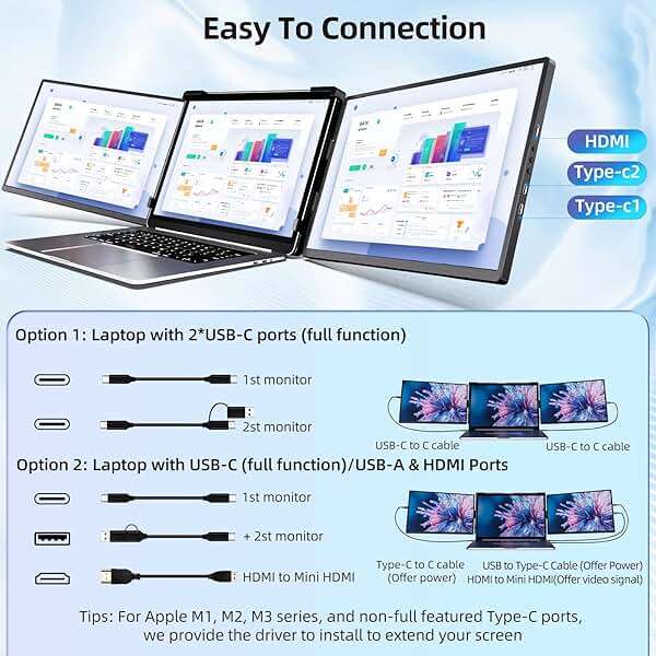 Pitycbo Laptop Screen Extender Monitor Portable - 2.5K Triple Laptop Screen Extender, Plug and Play Multiple Screens Extended Fits 13-17.3 Inch Laptops Compatible with, Windows, Chrome, Dex - Image 7