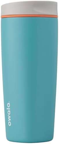 Owala SmoothSip Slider Insulated Stainless Steel Coffee Tumbler, Reusable Iced Coffee Cup, Hot Coffee Travel Mug, BPA Free 20 oz, Grey/Blue (Beachy Breeze) - Image 1