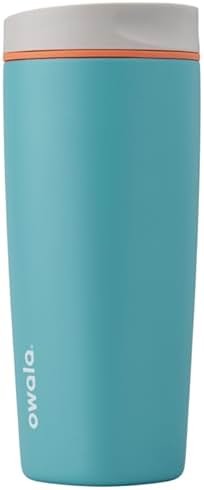 Owala SmoothSip Slider Insulated Stainless Steel Coffee Tumbler, Reusable Iced Coffee Cup, Hot Coffee Travel Mug, BPA Free 20 oz, Grey/Blue (Beachy Breeze) - Product Image