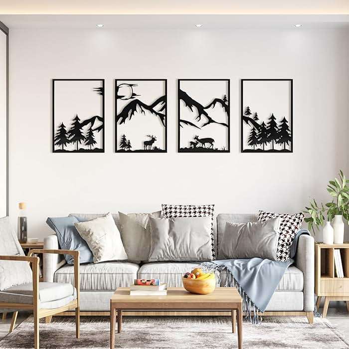 LONGKING 4 Pack Metal Wall Art, Mountain Iron Wall Sculpture, Art Wall Décor for Office, Dining Room, Living Room, Bedroom (Black, 17 x 12 in) - Image 1