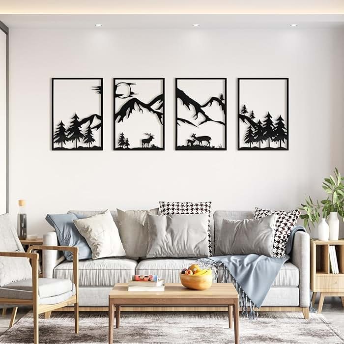 LONGKING 4 Pack Metal Wall Art, Mountain Iron Wall Sculpture, Art Wall Décor for Office, Dining Room, Living Room, Bedroom (Black, 17 x 12 in) - Product Image