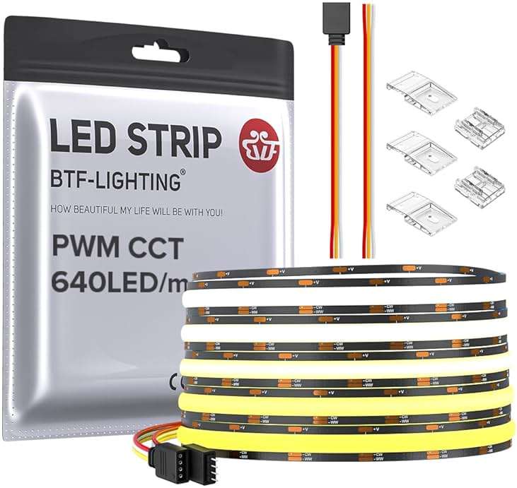 BTF-LIGHTING FCOB CCT COB LED Strip Tunable 2700K-6500K DC24V 16.4FT 640LED/m CRI 90+ Flexible High Density Dimmable LED Light Black PCB for Bedroom Indoor Decor(No Adapter or Controller) - Image 1