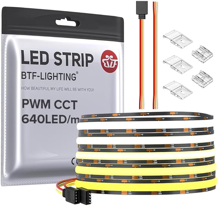 BTF-LIGHTING FCOB CCT COB LED Strip Tunable 2700K-6500K DC24V 16.4FT 640LED/m CRI 90+ Flexible High Density Dimmable LED Light Black PCB for Bedroom Indoor Decor(No Adapter or Controller) - Product Image