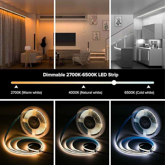 BTF-LIGHTING FCOB CCT COB LED Strip Tunable 2700K-6500K DC24V 16.4FT 640LED/m CRI 90+ Flexible High Density Dimmable LED Light Black PCB for Bedroom Indoor Decor(No Adapter or Controller) - Image 3